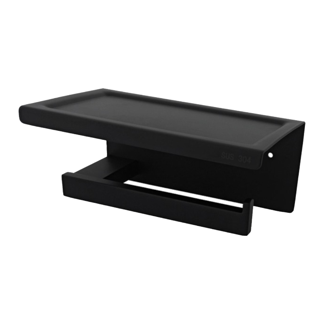 PORTARROLLOS CUADRADO PARA BAÑO CON SOPORTE PARA CELULAR NEGRO MATE